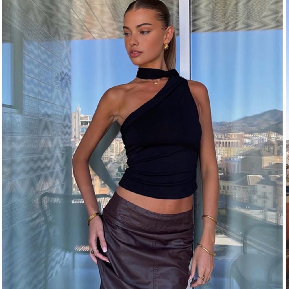 Elegant Black One-Shoulder Top; sash ties around neck